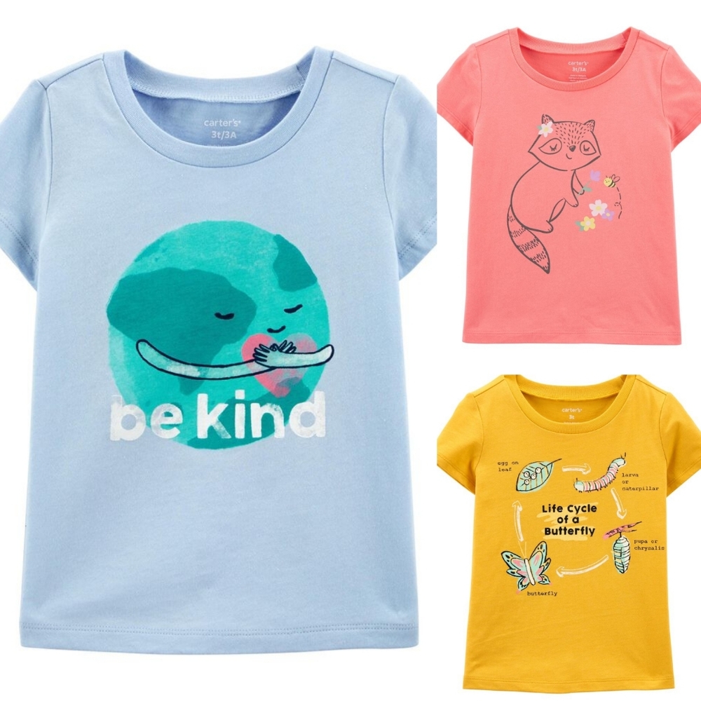 Carter's 3 Pack Girls Graphic Tees Earth Be Kind, Raccoon, Butterfly Size 5T